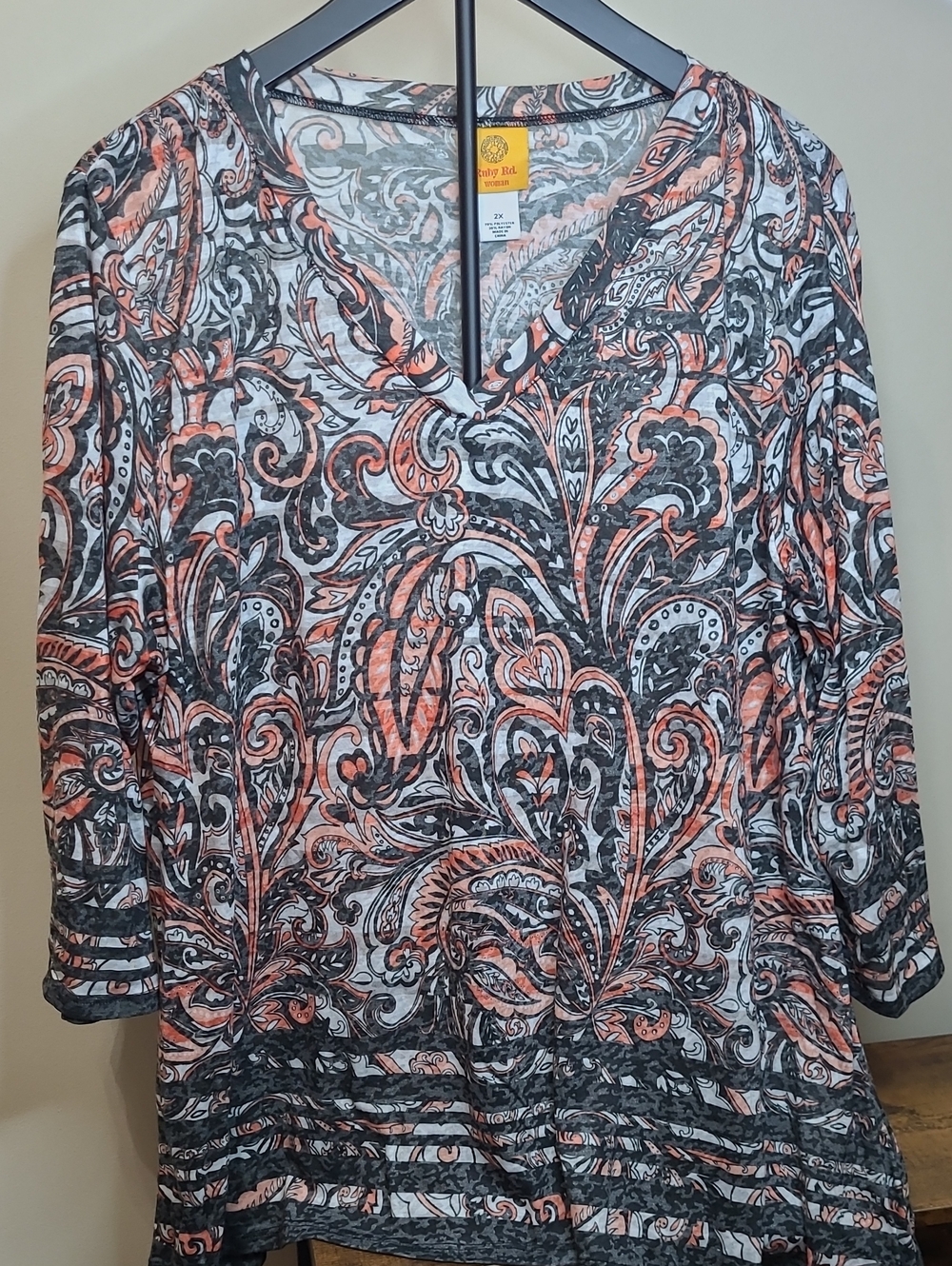 Ruby Rd. Paisley V-Neck Blouse in Coral and Black